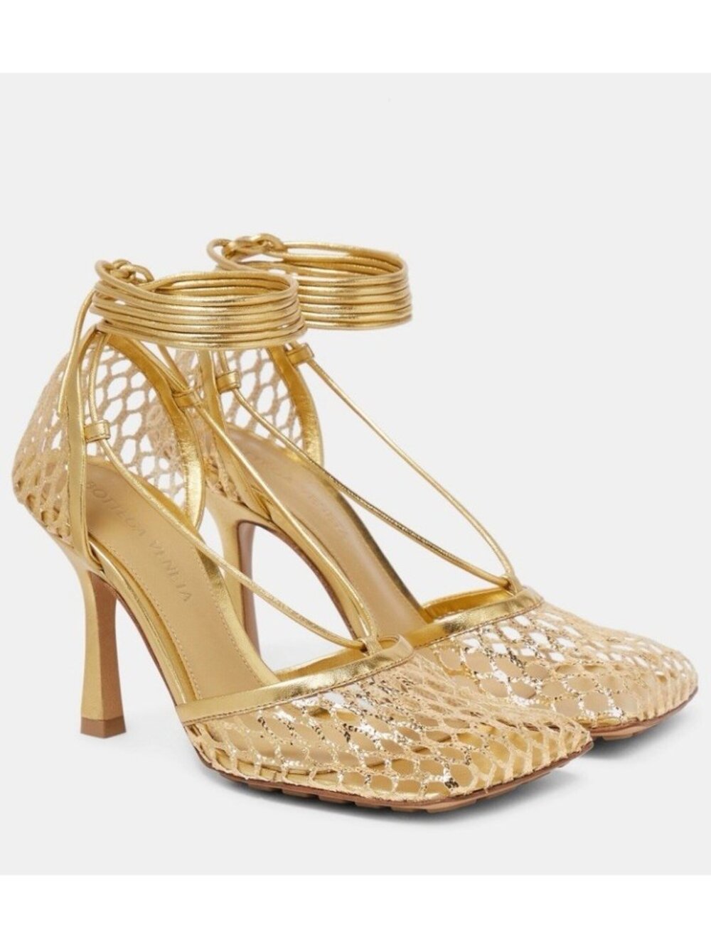 NEW Bottega Veneta Stretch Ankle Wrap Square Toe Sandal Gold 39 EU 651388V1BT1